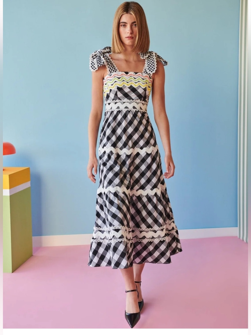 NWOT CeliaB Black & White Gingham Midi Dress Jade Vichy Cottagecore Size S